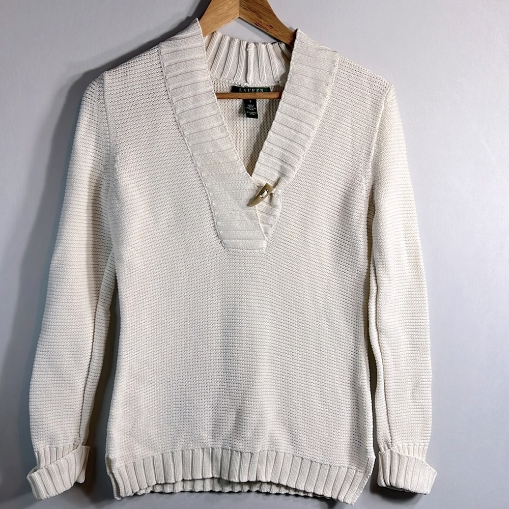 Lauren by Ralph Lauren Cream Shawl Collar Cotton Knit Sweater size S